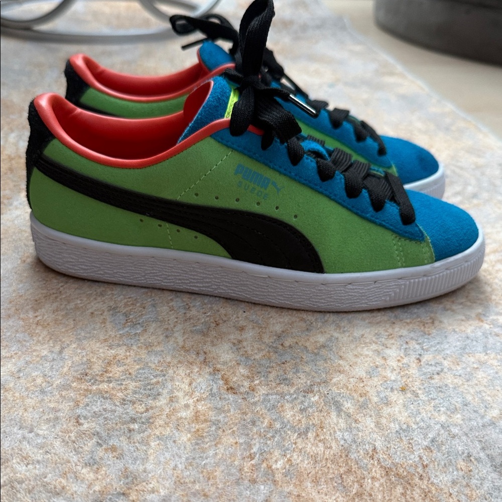 Puma Kids Green & Blue Suede Sneakers with Black Stripe